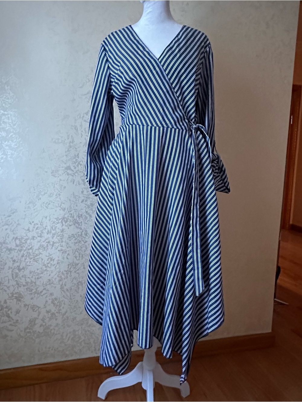 Mlle Gabrielle Blue and White Striped Asymmetrical Wrap Dress